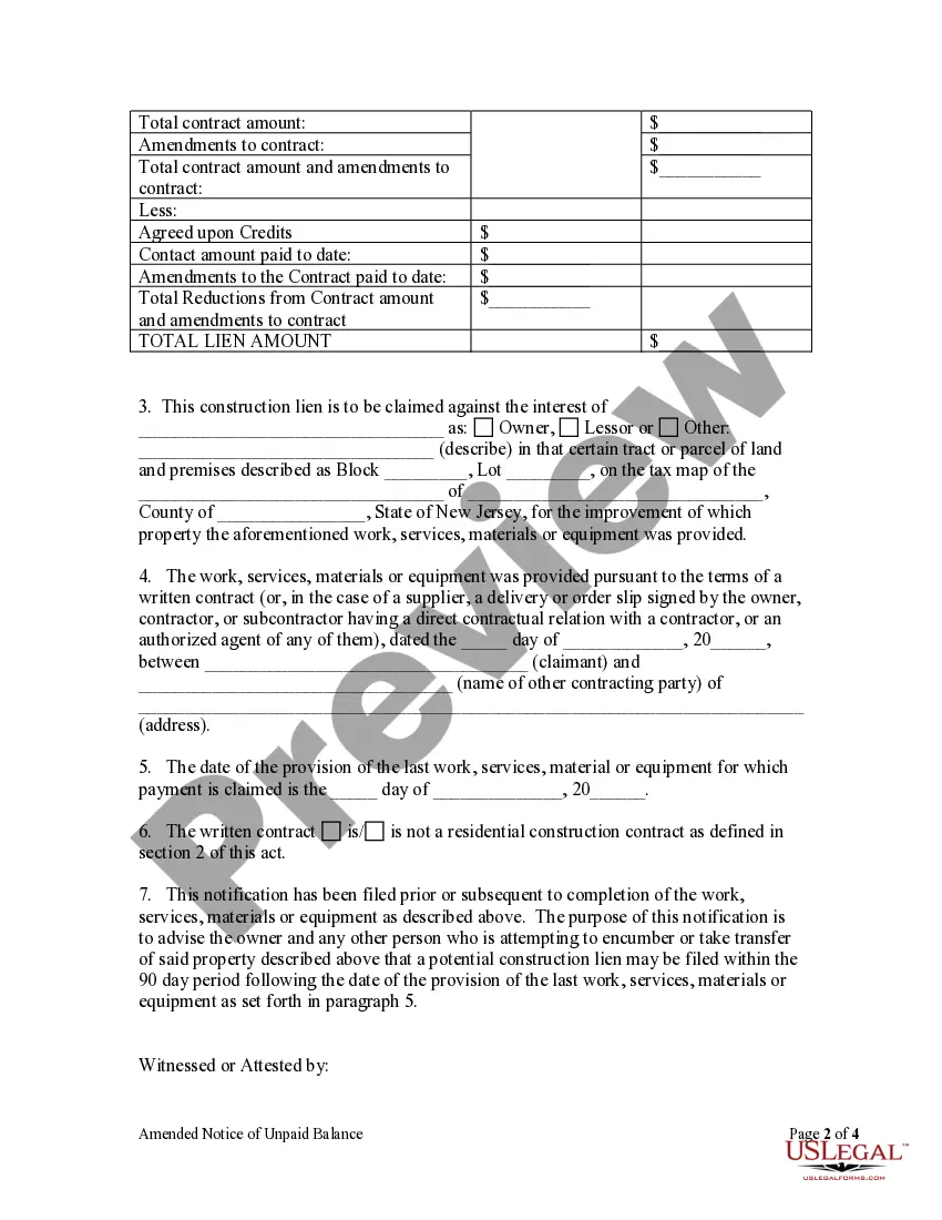 Get Amended Notice of Unpaid Balance and Right to File Lien - Individual Preview Amended Notice of Unpaid Balance and Right to File Lien - Individual