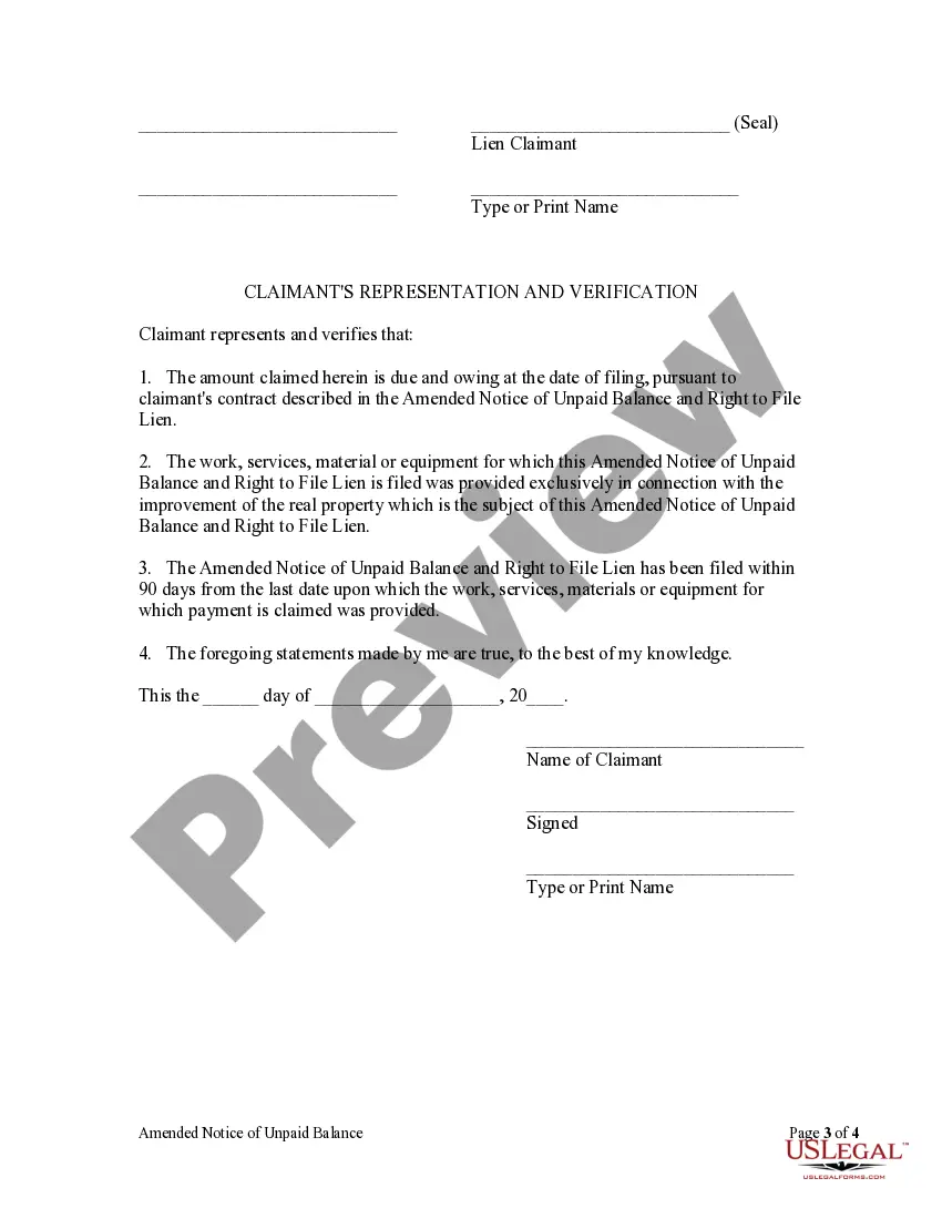 Get Amended Notice of Unpaid Balance and Right to File Lien - Individual Preview Amended Notice of Unpaid Balance and Right to File Lien - Individual