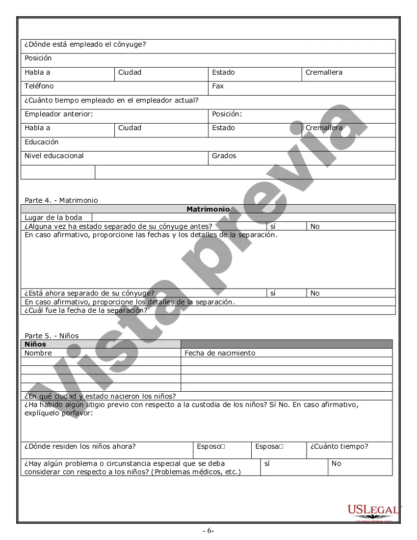 Get Hoja de trabajo de divorcio y resumen de la ley para casos disputados o no disputados de más de 25 páginas - Formulario de entrevista de cliente ideal Preview Hoja de trabajo de divorcio y resumen de la ley para casos disputados o no disputados de más de 25 páginas - Formulario de entrevista de cliente ideal