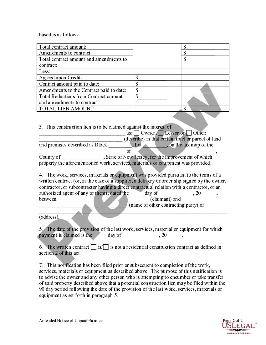 Preview Amended Notice of Unpaid Balance and Right to File Lien - Corporation