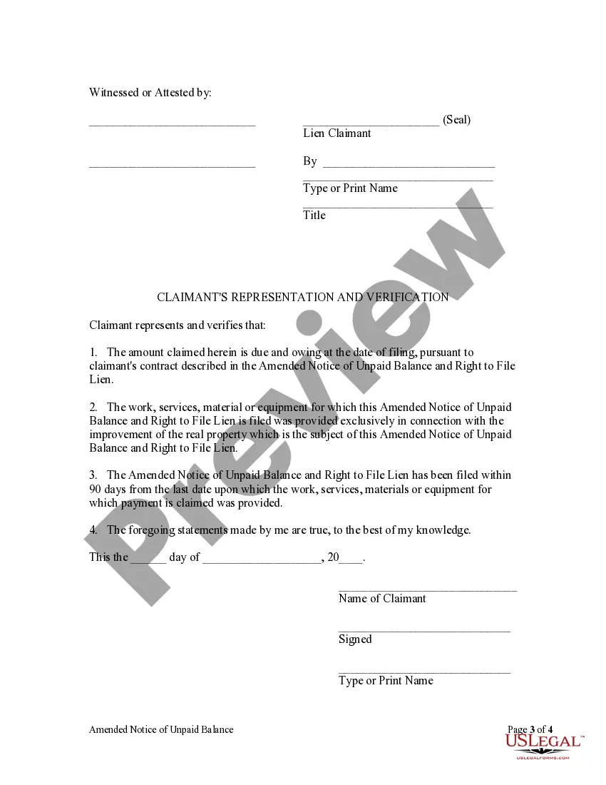 Preview Amended Notice of Unpaid Balance and Right to File Lien - Corporation