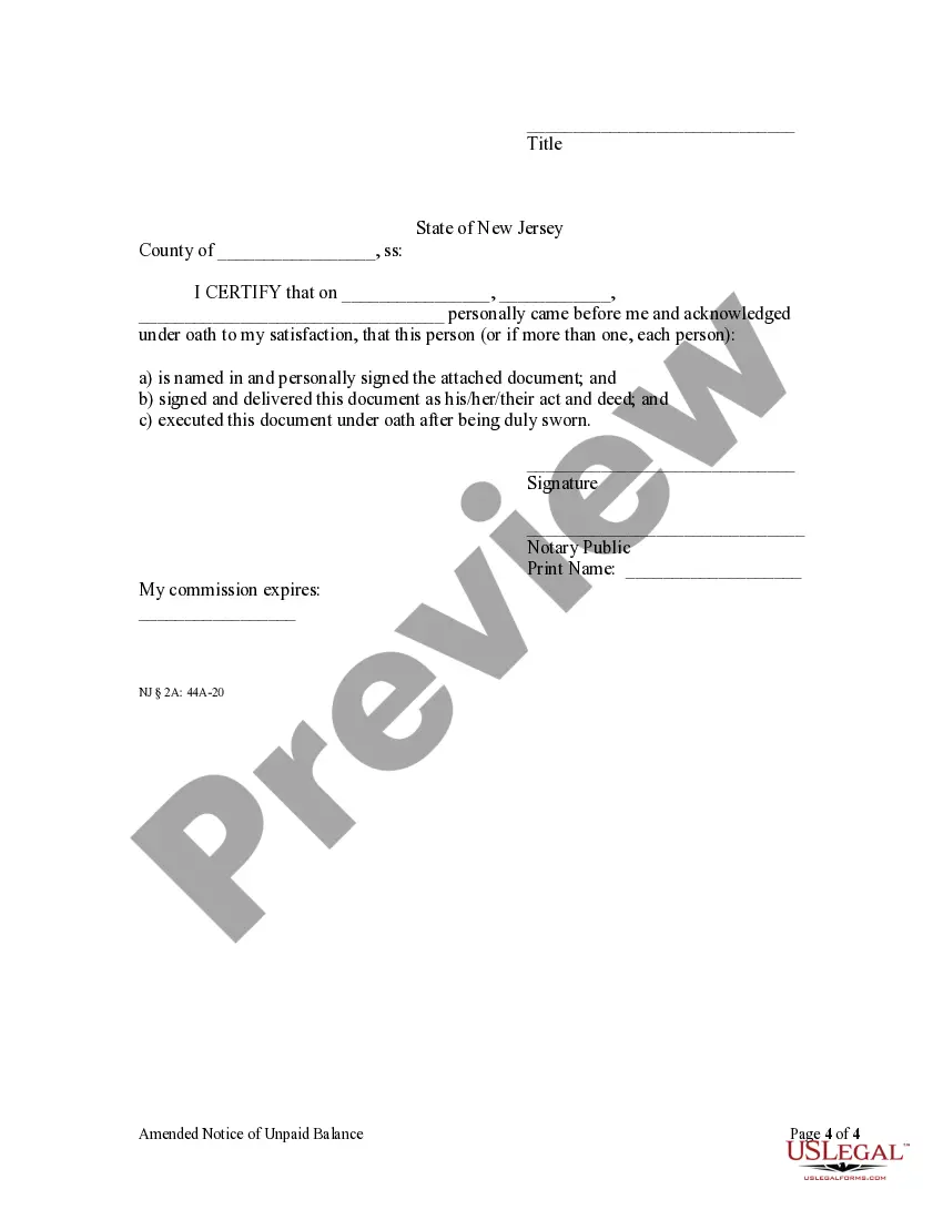 Preview Amended Notice of Unpaid Balance and Right to File Lien - Corporation