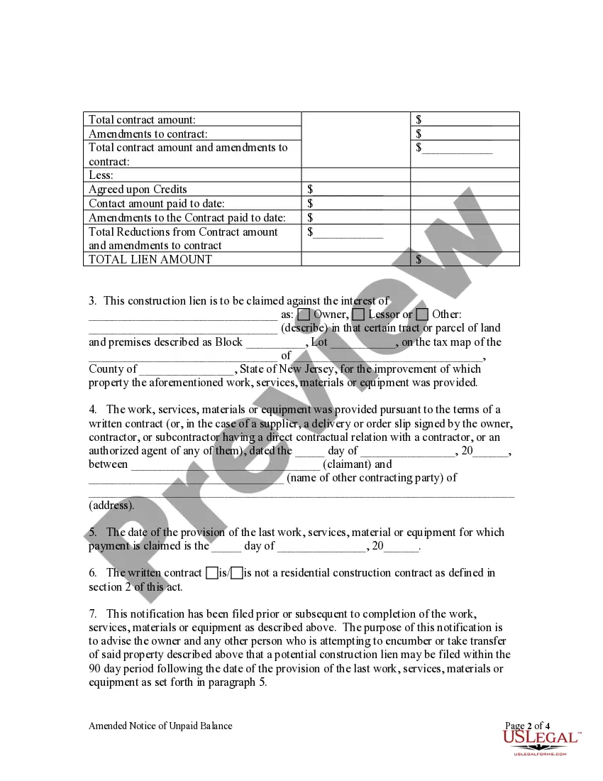 Preview Amended Notice of Unpaid Balance and Right to File Lien - Individual - Residential