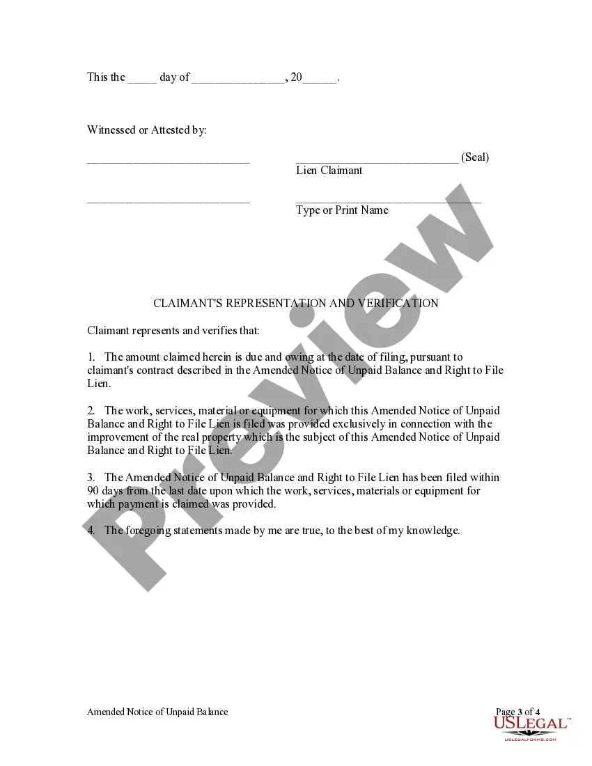 Preview Amended Notice of Unpaid Balance and Right to File Lien - Individual - Residential