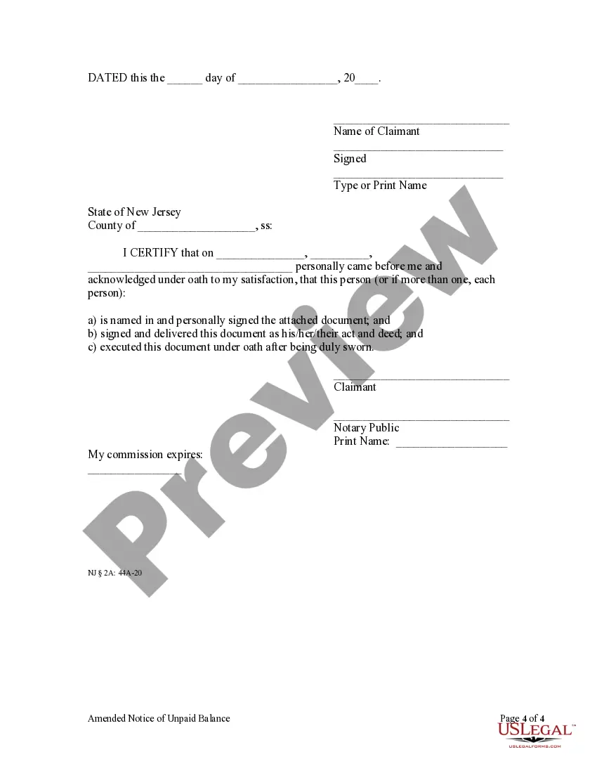 Preview Amended Notice of Unpaid Balance and Right to File Lien - Individual - Residential