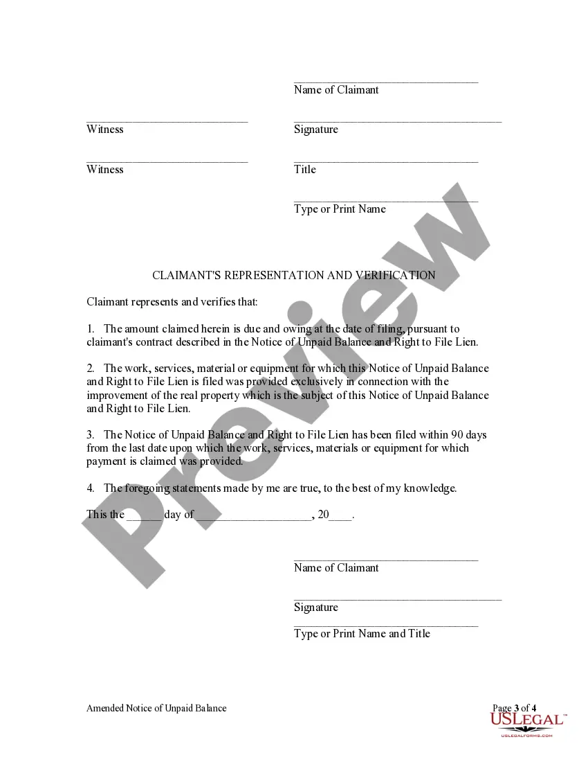 Preview Amended Notice of Unpaid Balance and Right to File Lien - Corporation - Residential