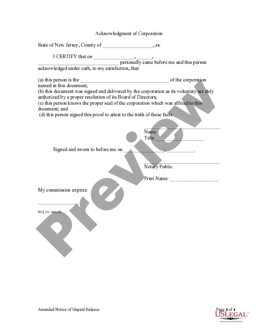 Preview Amended Notice of Unpaid Balance and Right to File Lien - Corporation - Residential