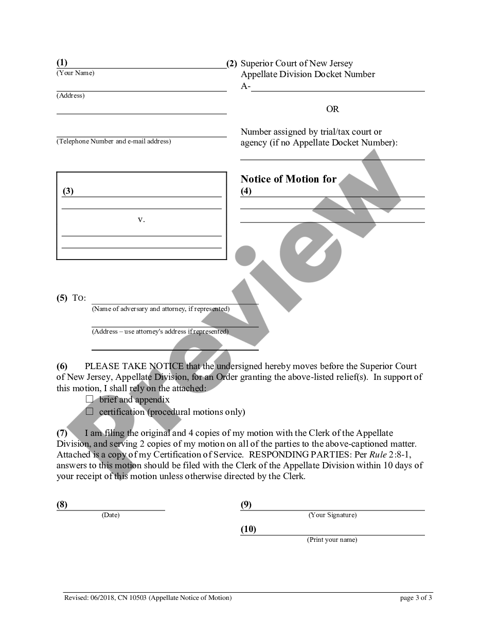 New Jersey Notice of Motion Notice Of Motion Nj US Legal Forms