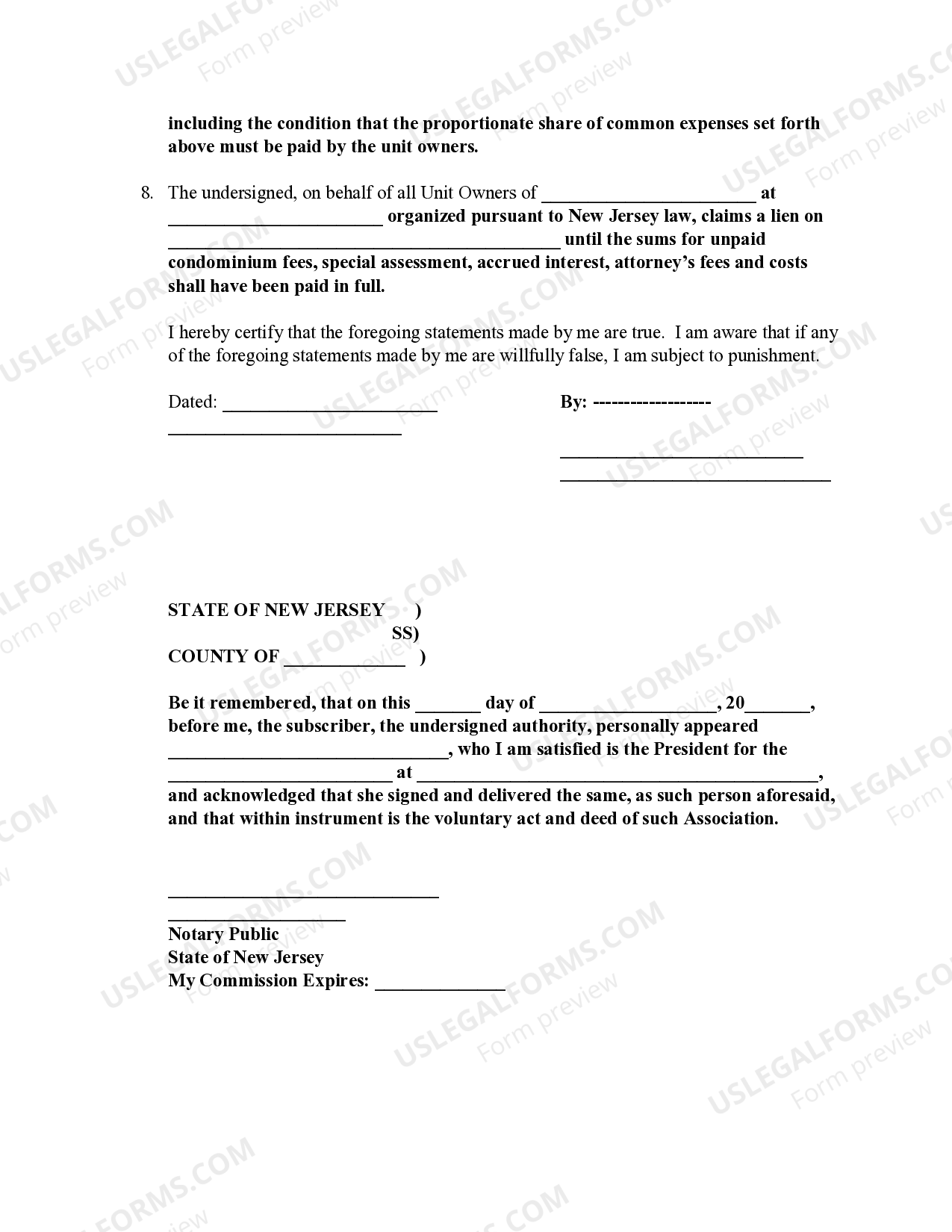 Elizabeth New Jersey Notice Of Lien For Unpaid Common Charges Nj Lien