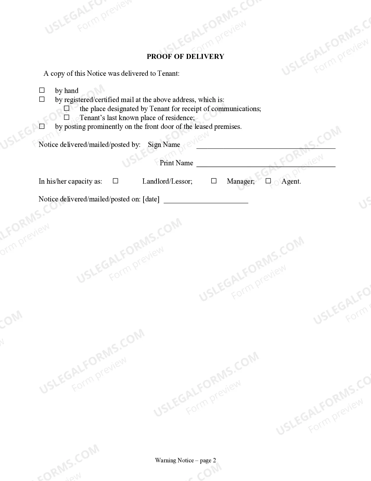 Preview Notice of Default in Payment of Rent as Warning Prior to Demand to Pay or Terminate for Residential Property