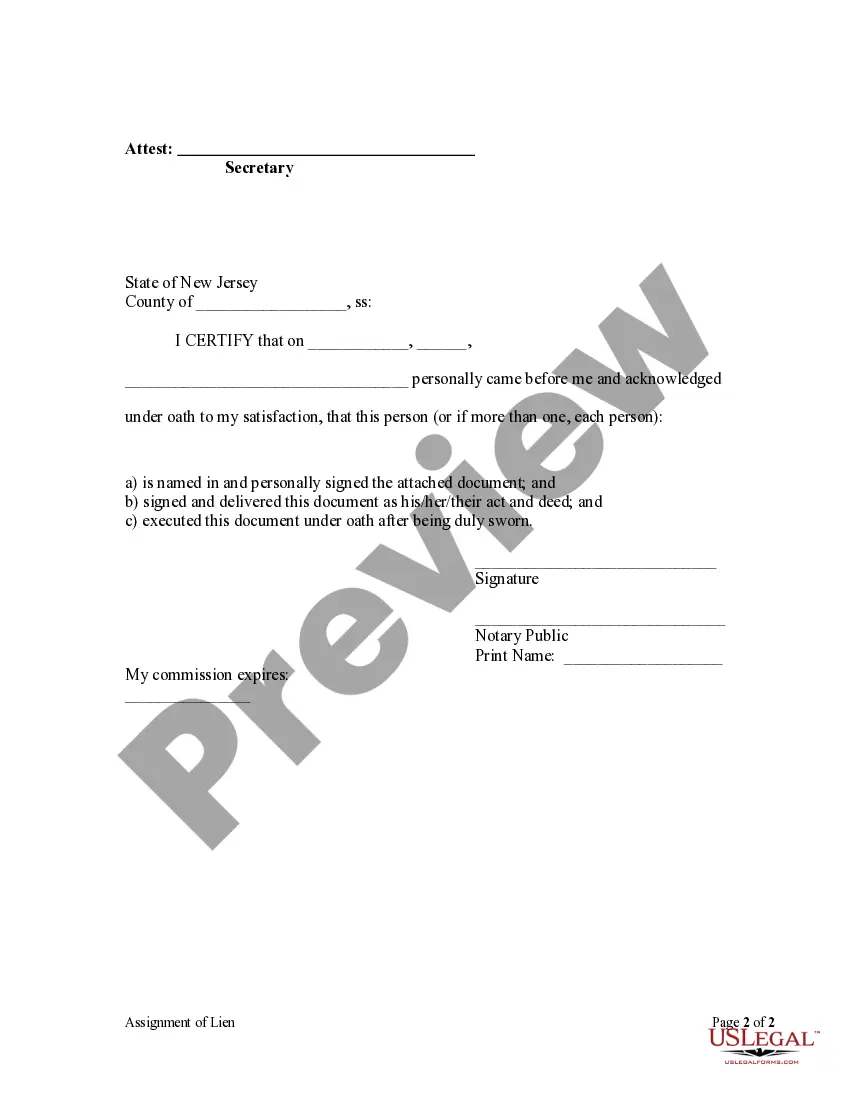 Preview Assignment of Lien - Corporation