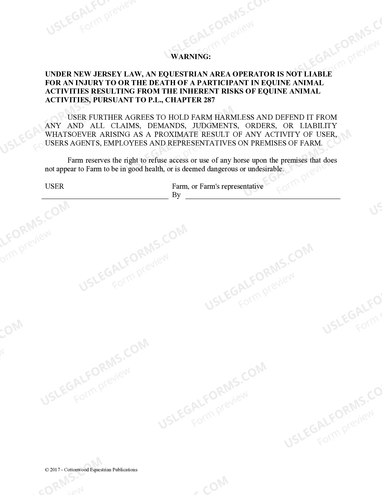 Preview Facility Release Agreement - Show Or Clinic - Horse Equine Forms