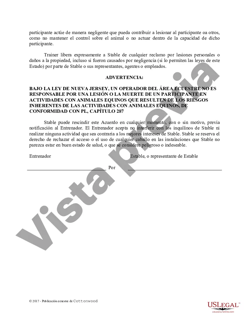 Preview Acuerdo de uso de las instalaciones del entrenador - Formularios equinos de caballos