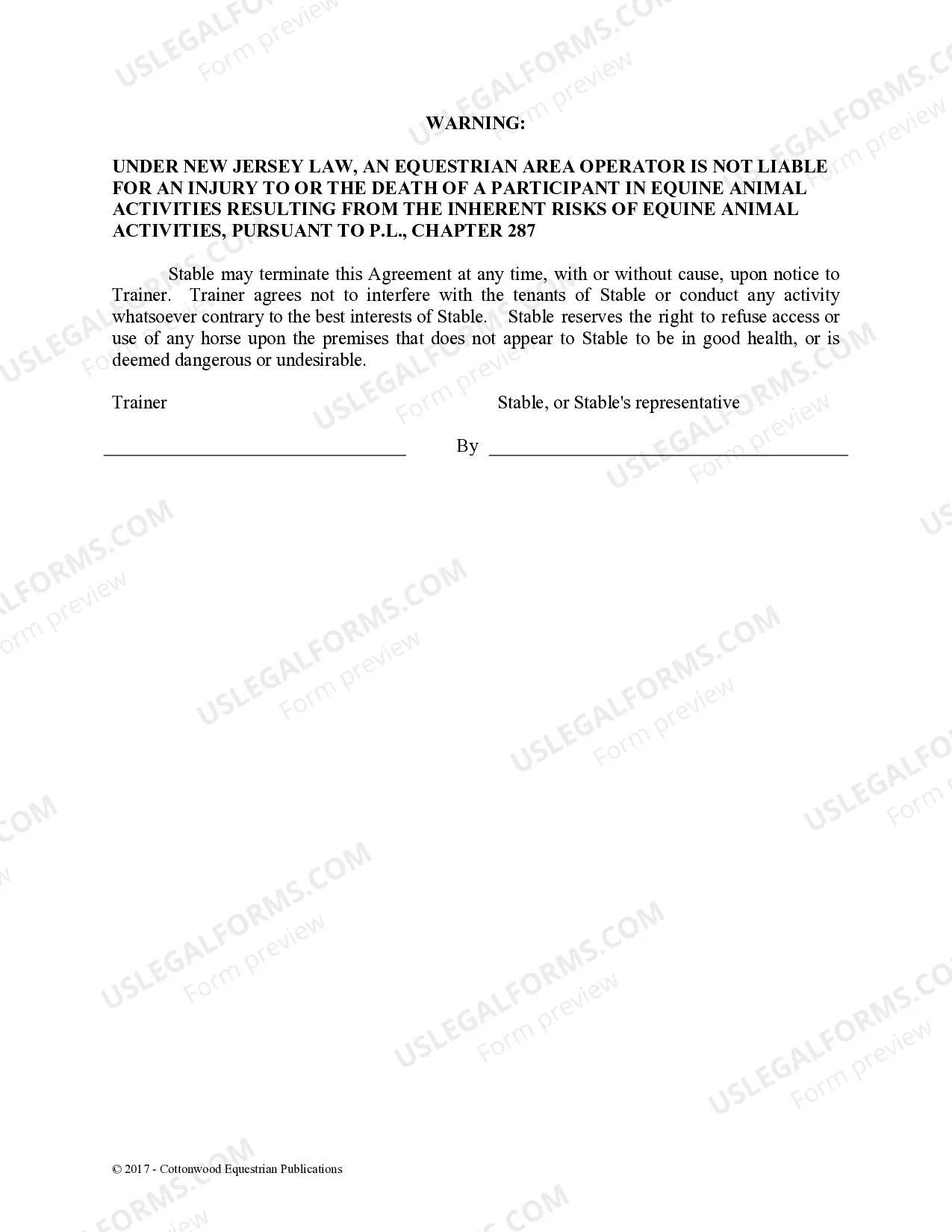 Preview Trainer's Facility Use Agreement - Horse Equine Forms