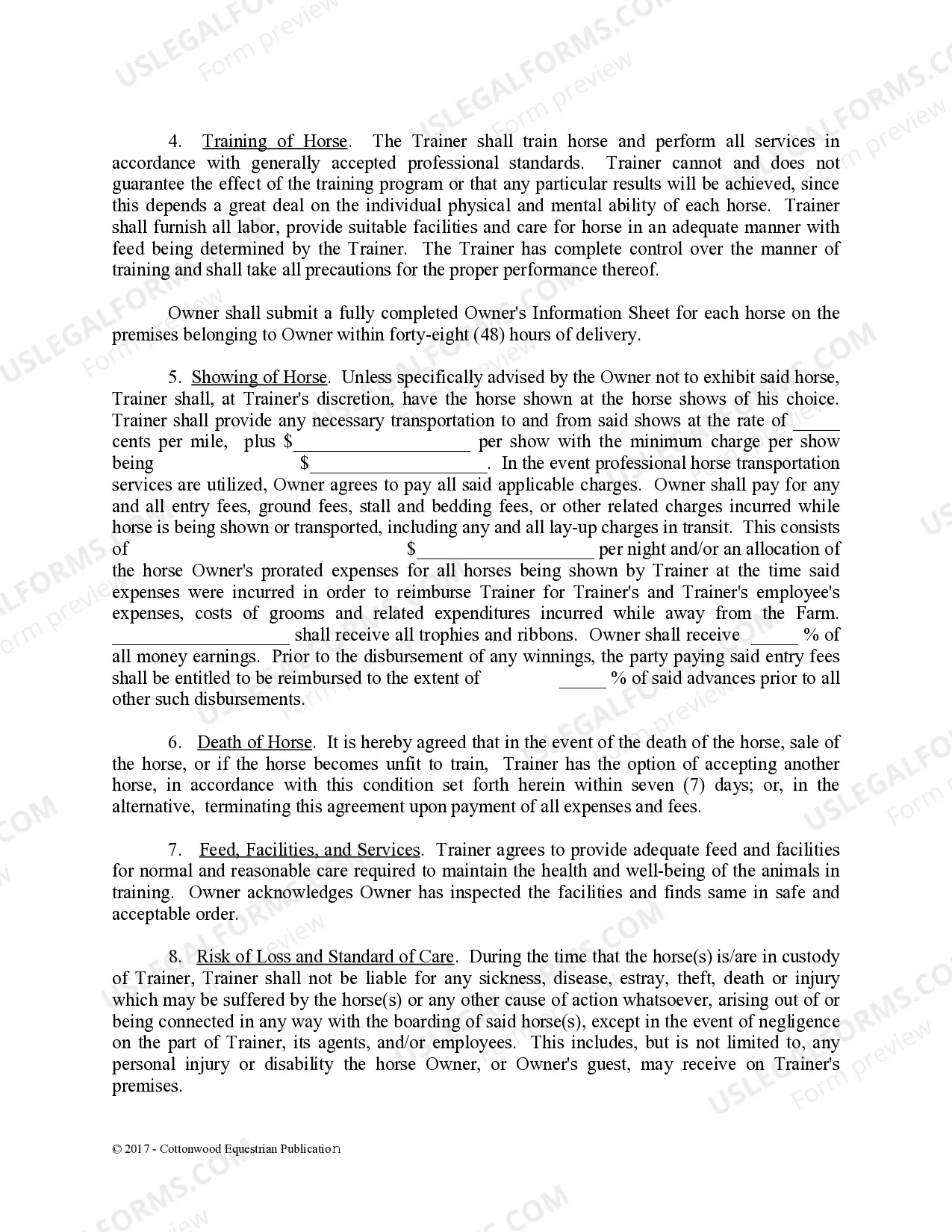 Preview Training Contract - Horse Equine Forms