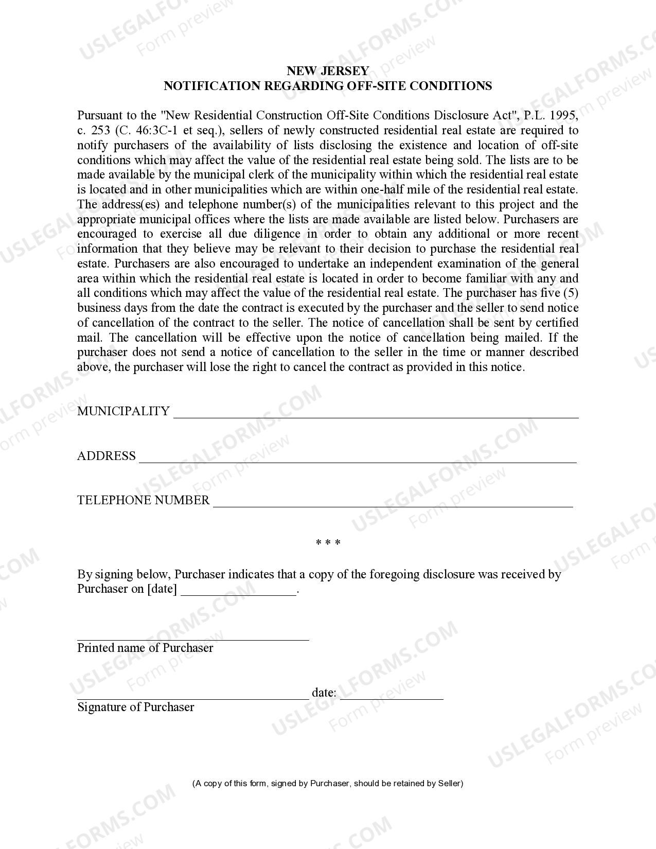 New Jersey Residential Real Estate Sales Disclosure Statement New