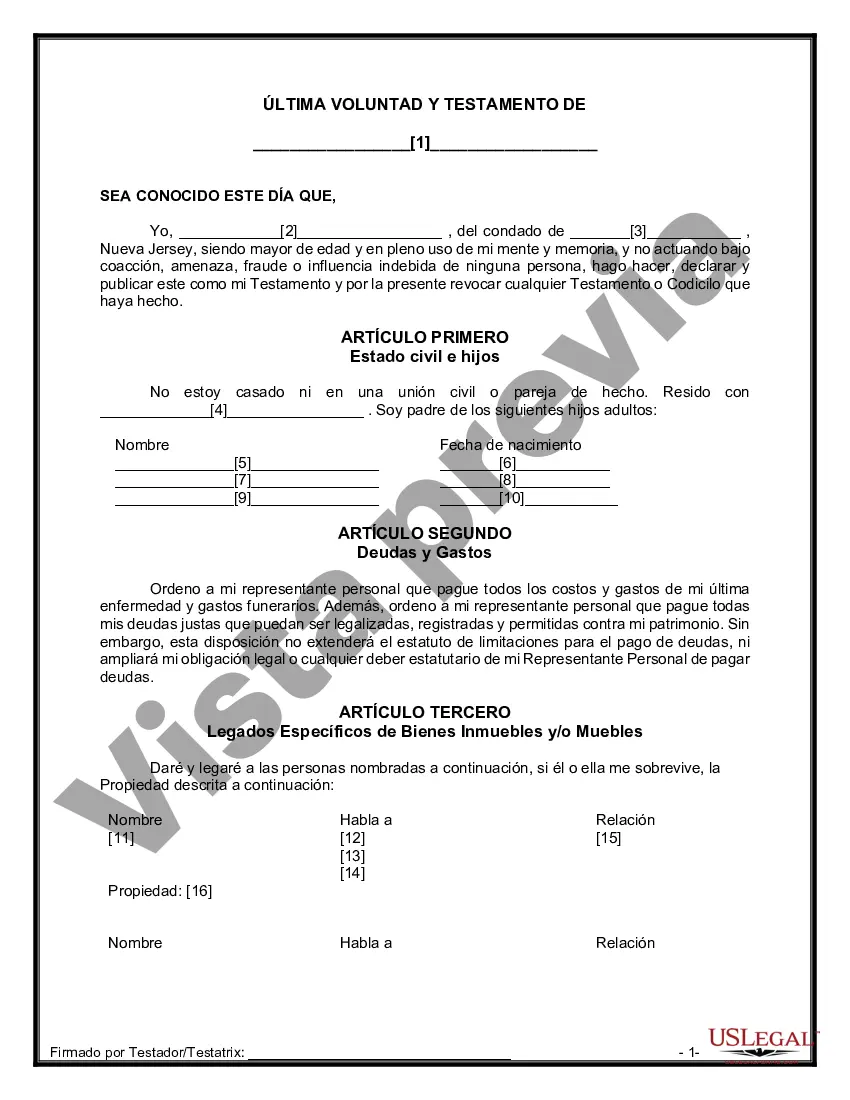Preview Paquete de Testamentos Mutuos de Últimas Voluntades y Testamentos para Personas Solteras que conviven con Hijos Adultos