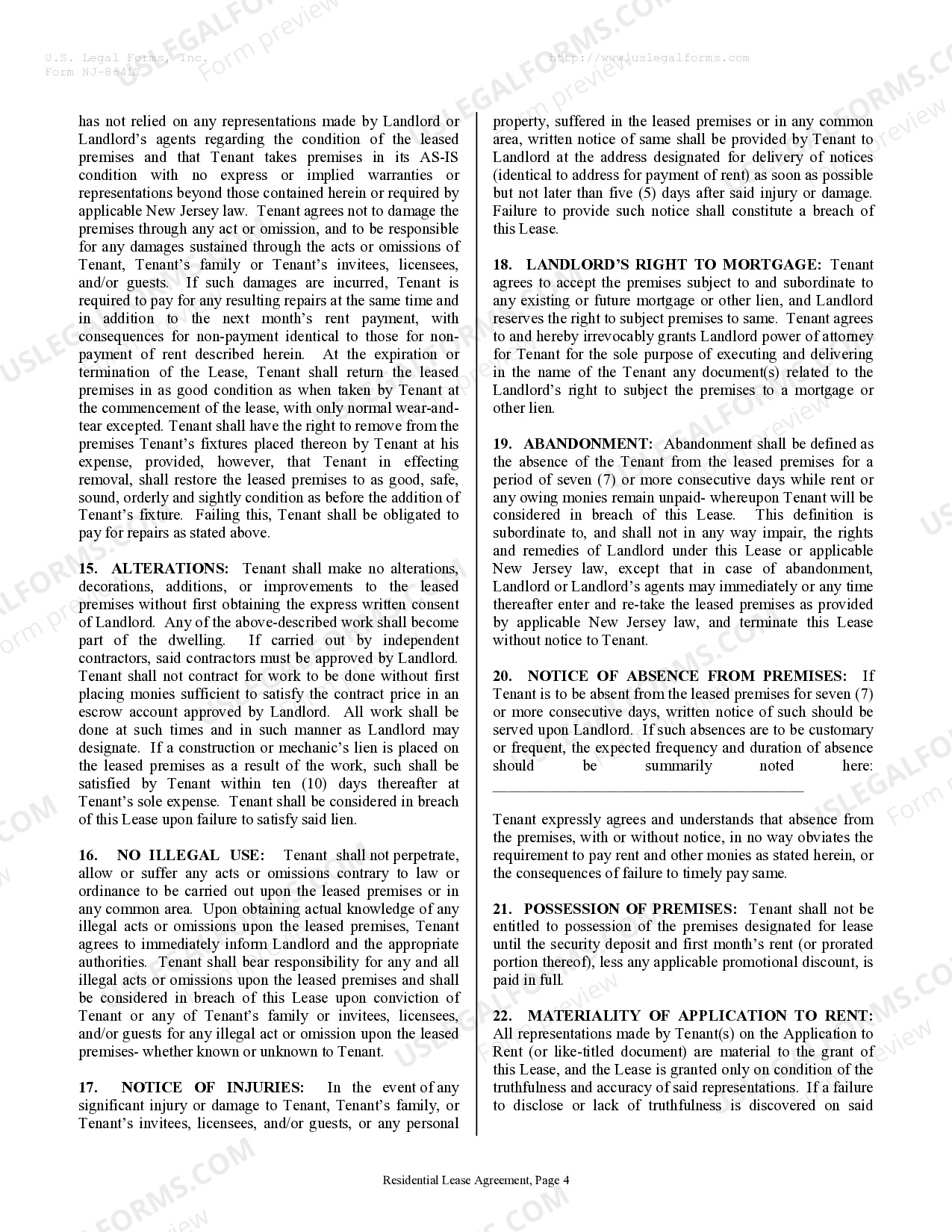 New Jersey Residential Rental Lease Agreement - Lease Agreement Tenant