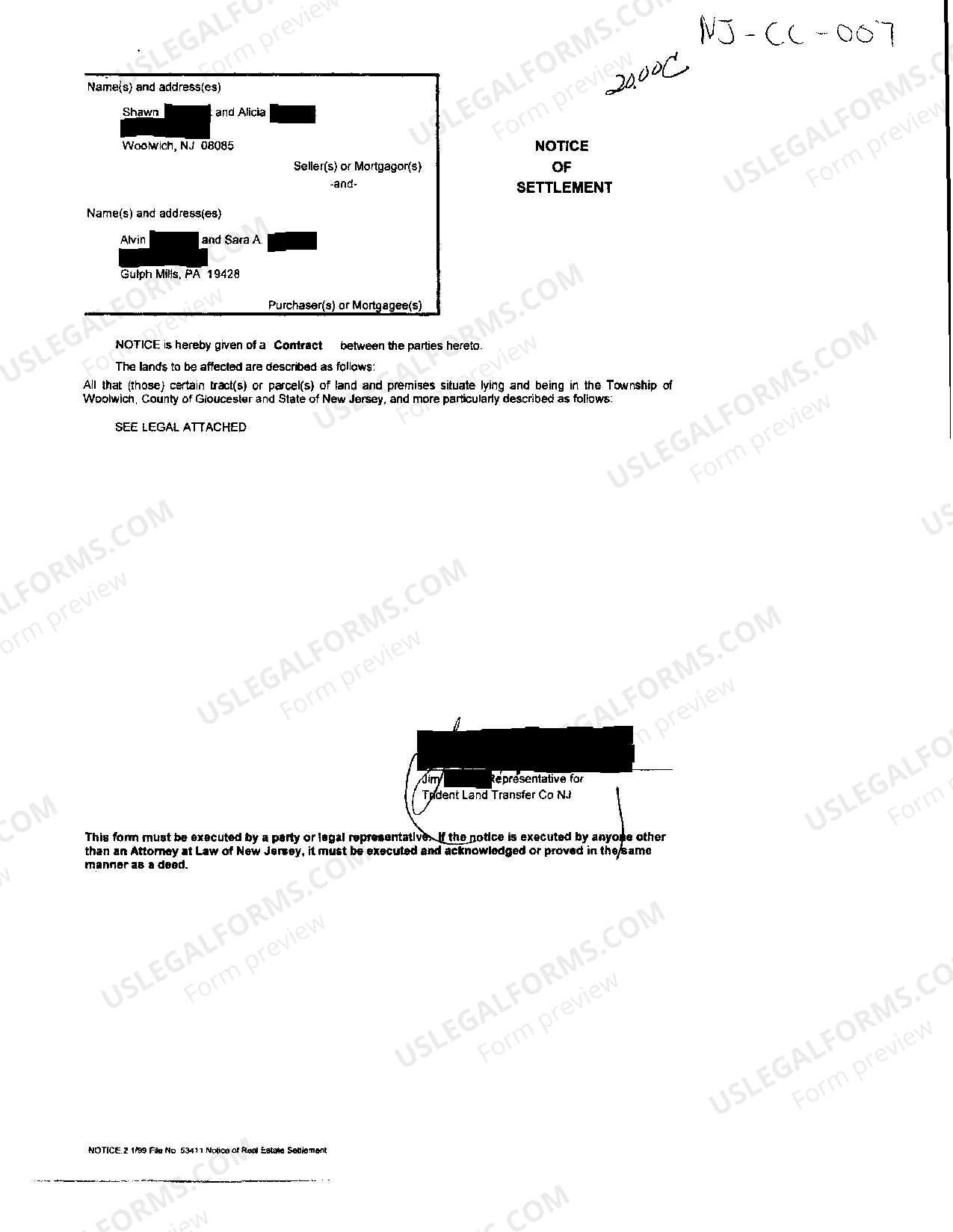 New Jersey Notice Of Settlement relating to Contract Notice Of
