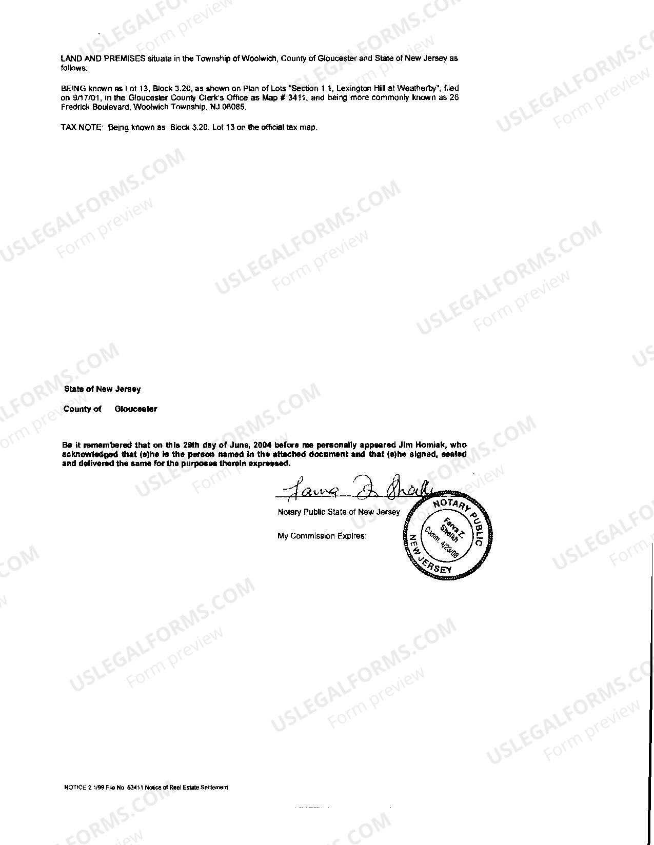 New Jersey Notice Of Settlement relating to Contract Notice Of