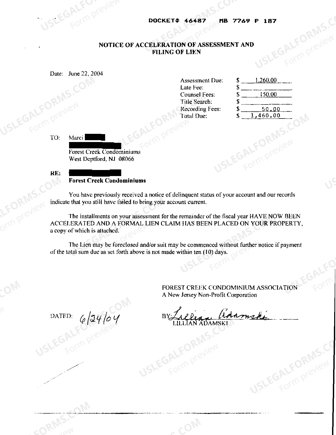 Preview Claim Of Lien regarding Annual Common Expense Assessment