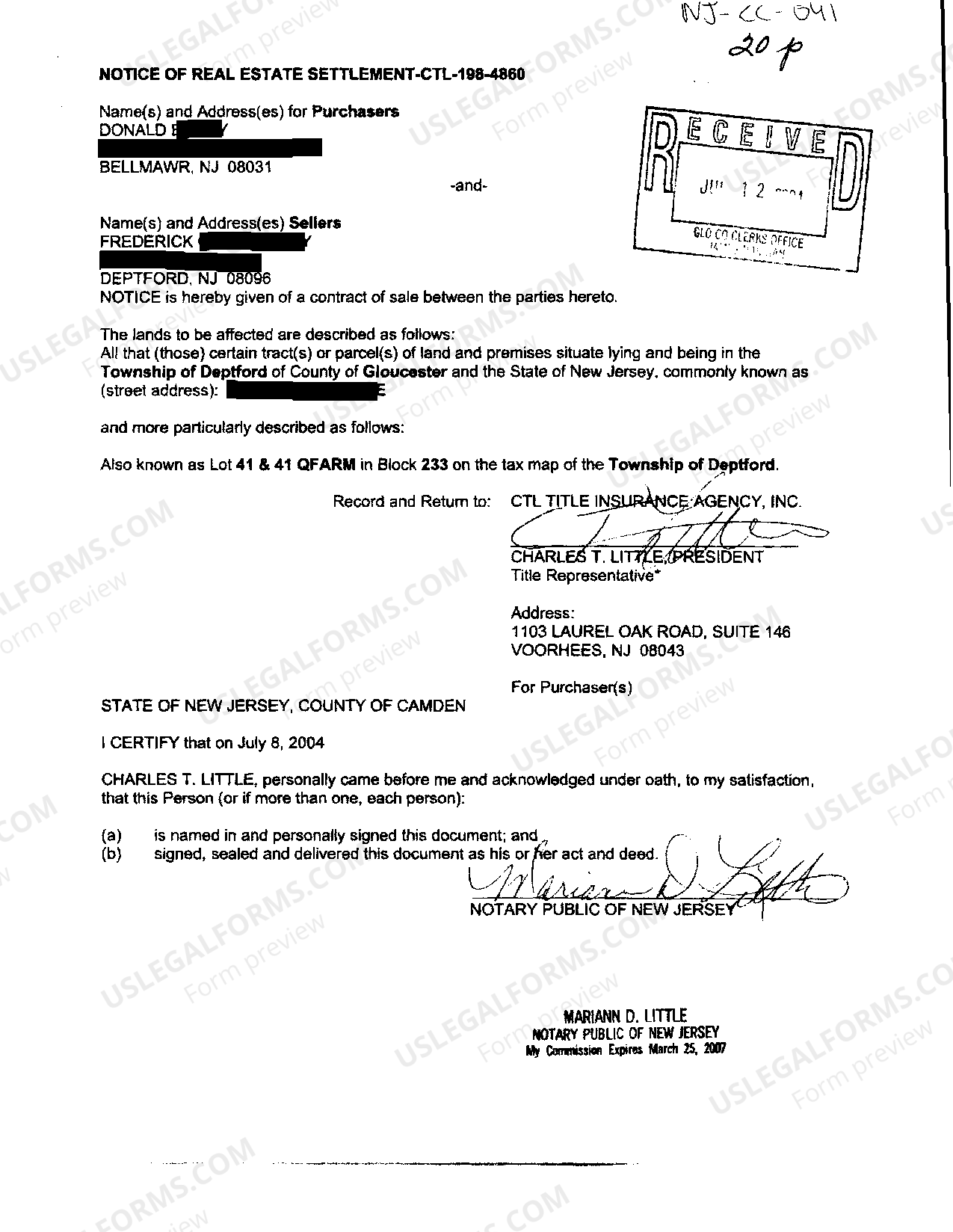 New Jersey Notice Of Real Estate Settlement regarding Contract of Sale