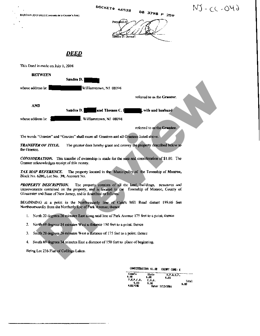 Elizabeth New Jersey Deed Between Individual and Married Couple with