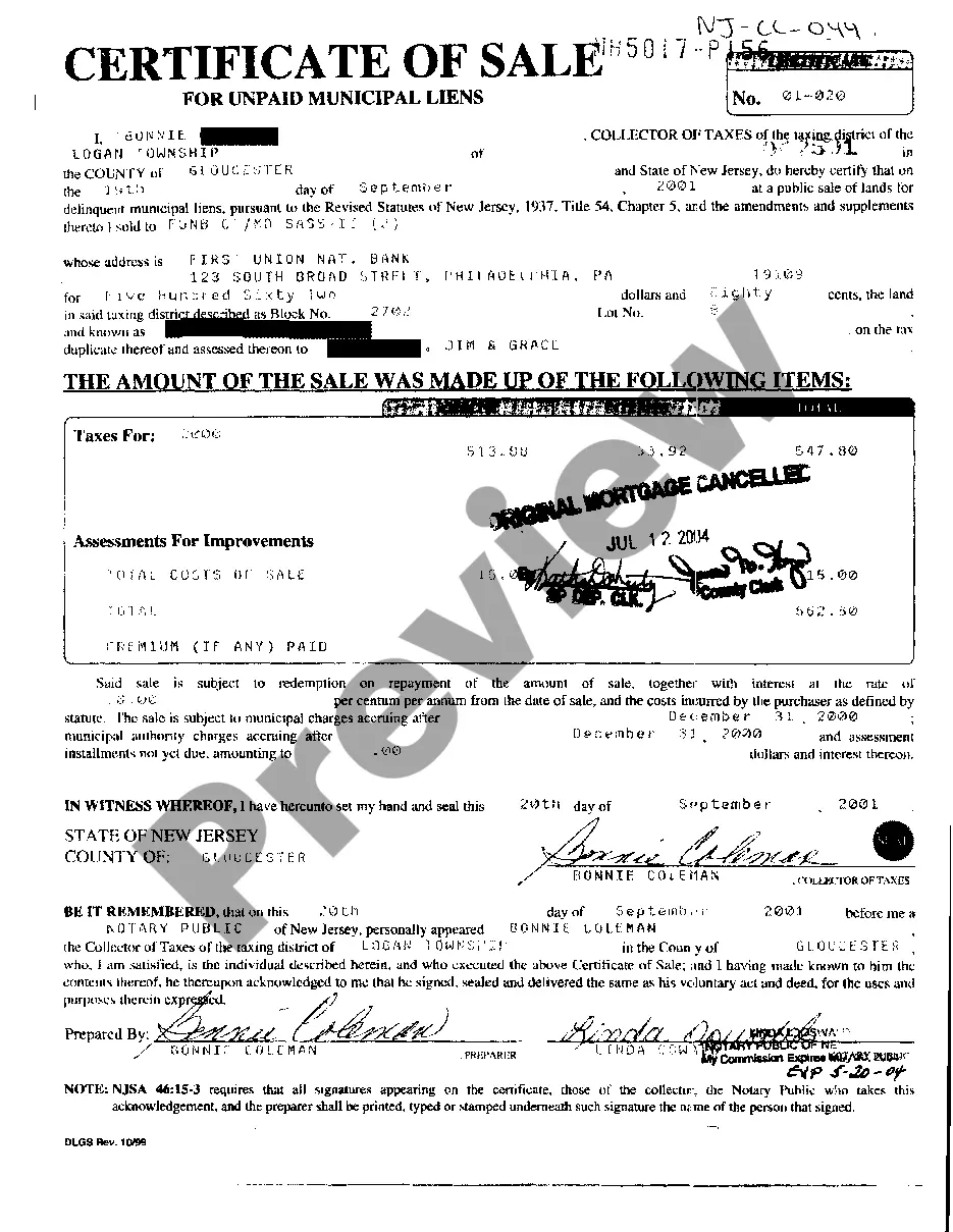 New Jersey Certificate of Sale for Unpaid Municipal Liens Tax Lien