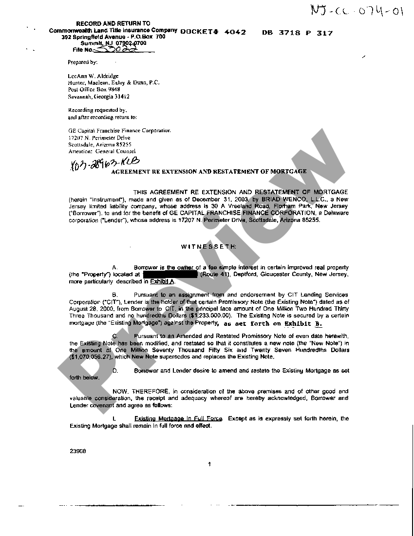 Newark New Jersey Agreement for Extension and Restatement Of Mortgage