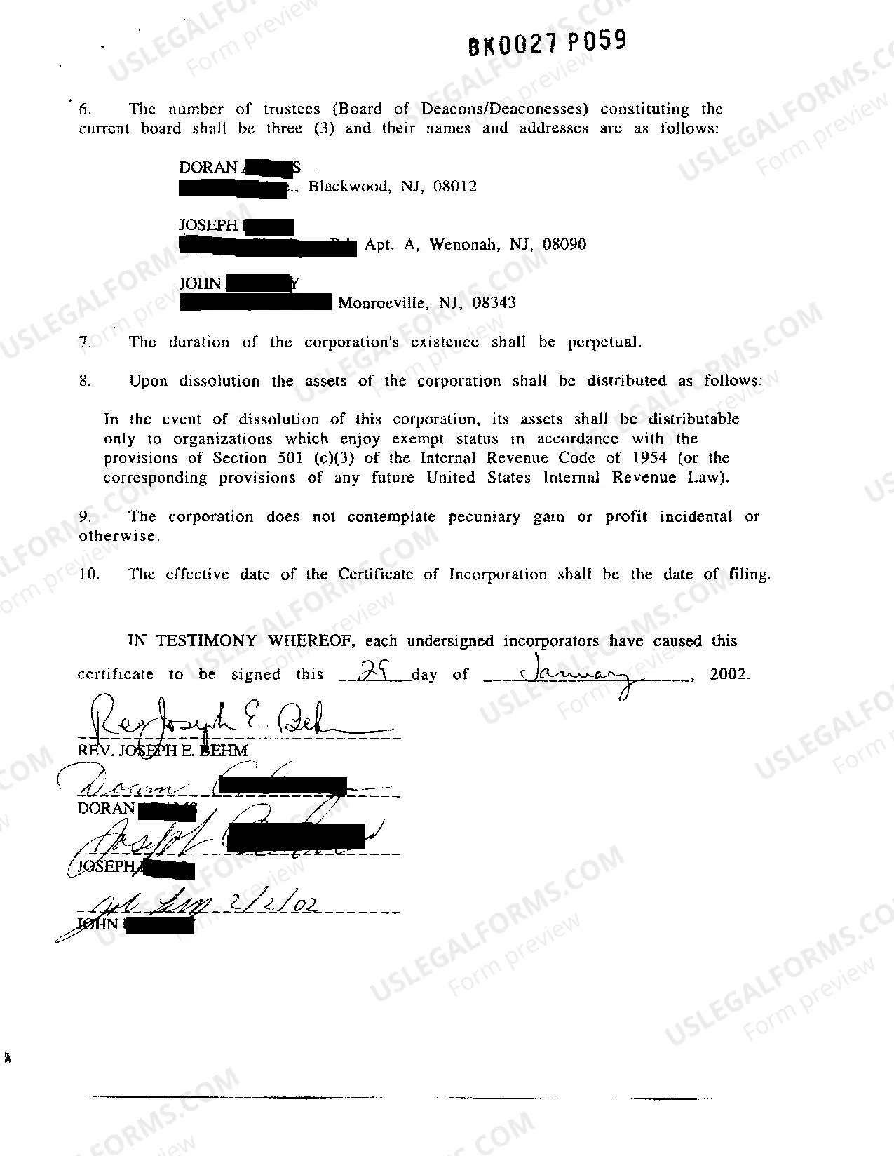 Preview Certificate Of Incorporation for Nonprofit, Religious Organization