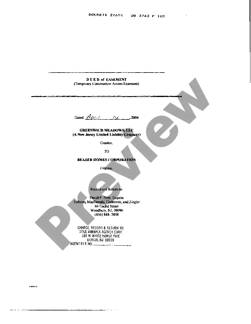 Preview Deed Of Easement regarding Temporary Construction Access