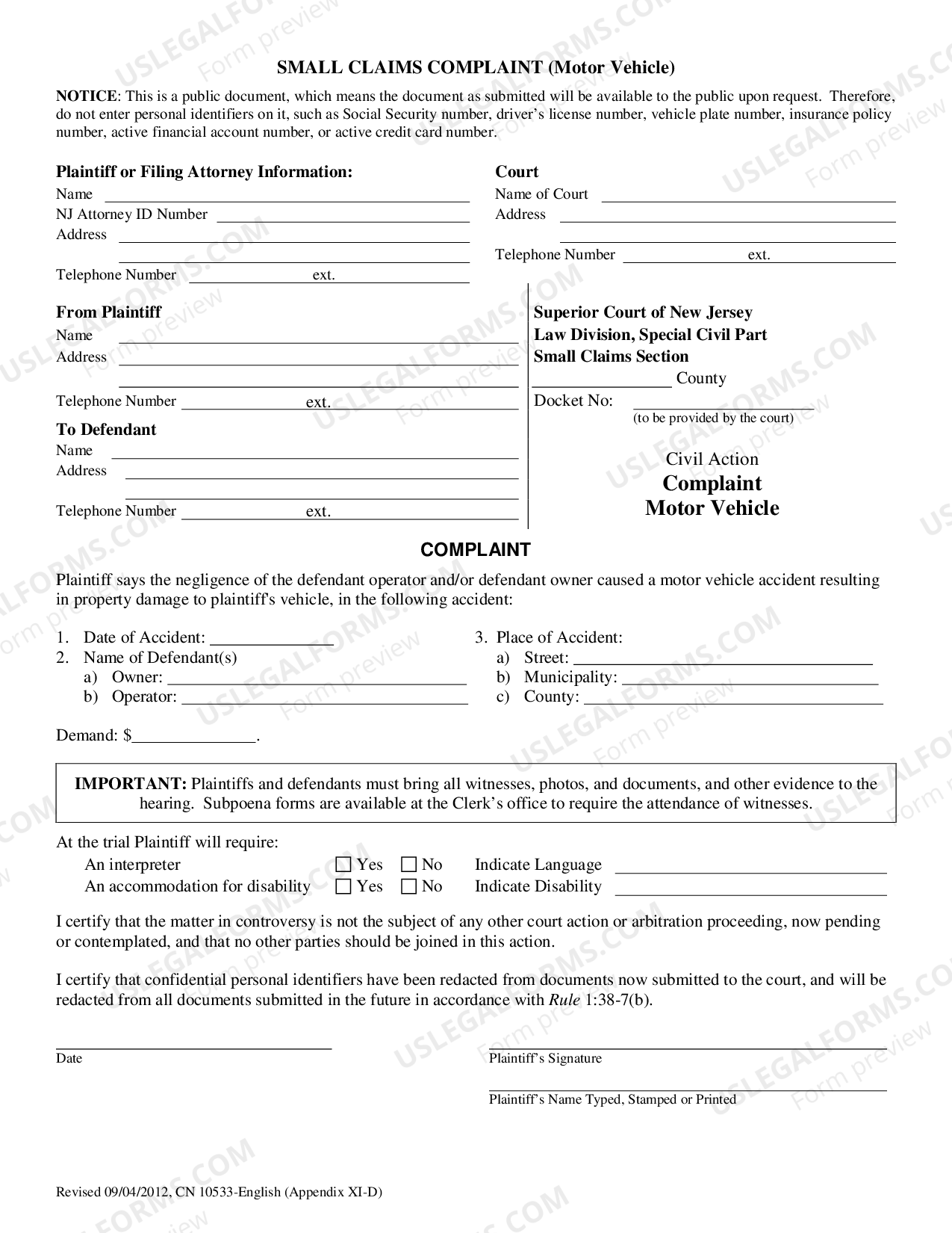 New Jersey Civil Action Complaint Motor Vehicle US Legal Forms