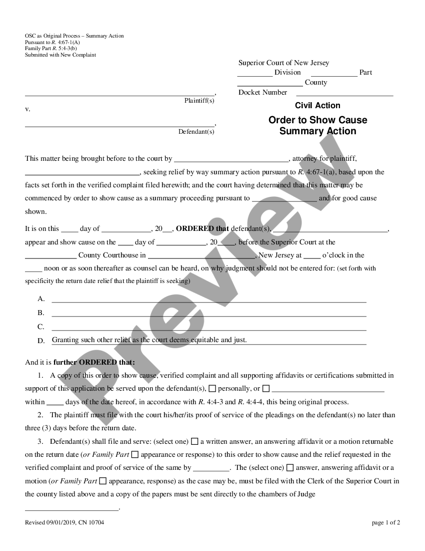 Jersey City New Jersey Civil Action Order To Show Cause Summary Action 