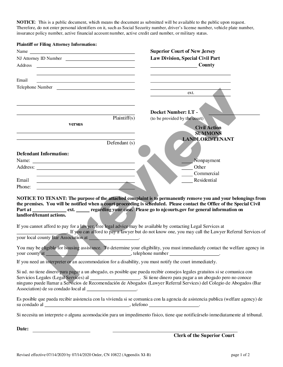 New Jersey Civil Action Summons Landlord/Tenant US Legal Forms