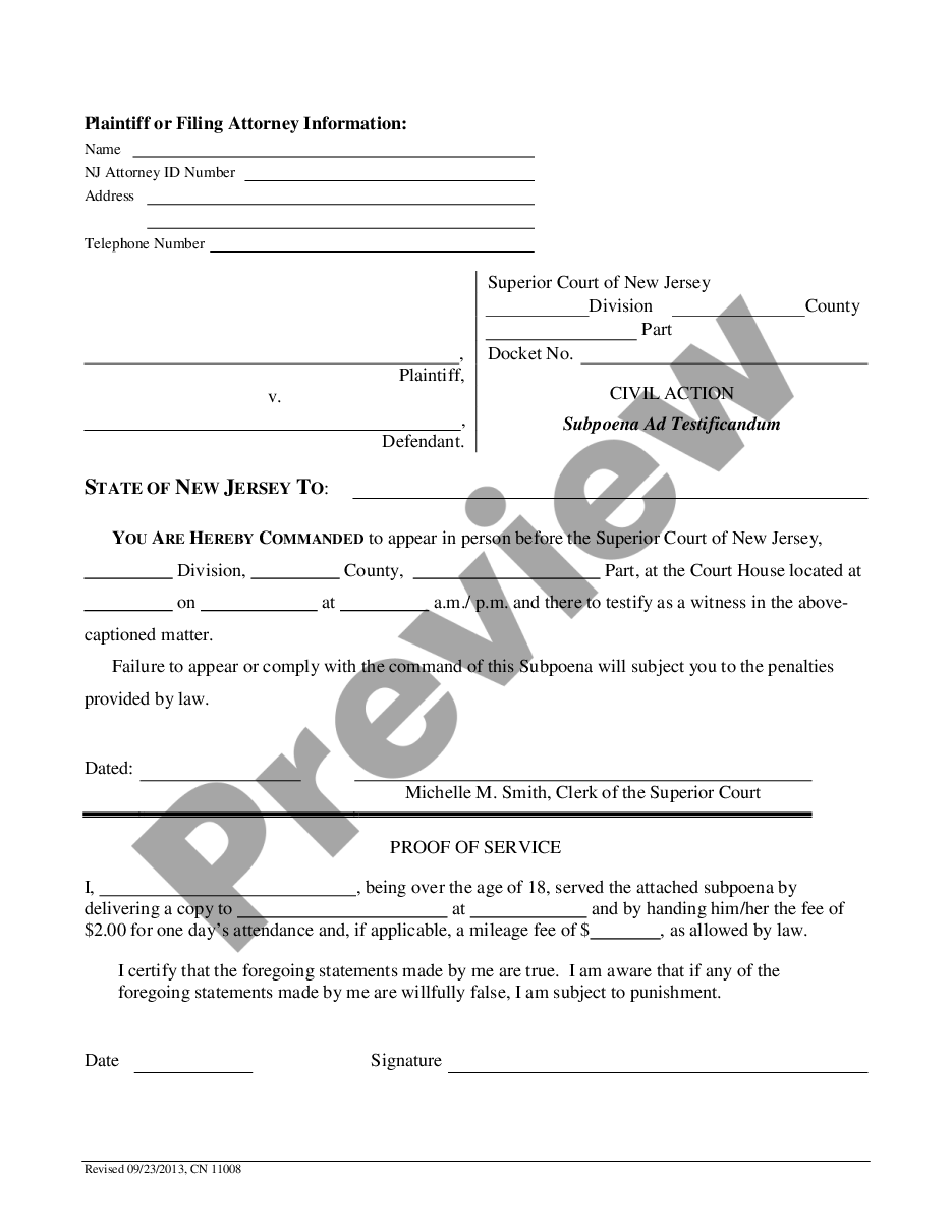 New Jersey Subpoena Ad Testificandum (For Use When Someone #39 s Testimony