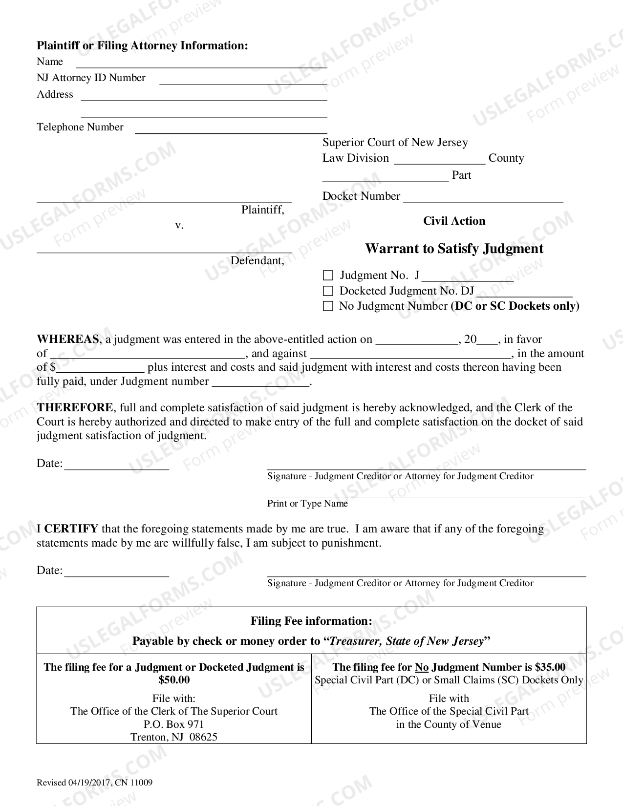 New Jersey Warrant To Satisfy Judgment Warrant Of Satisfaction US