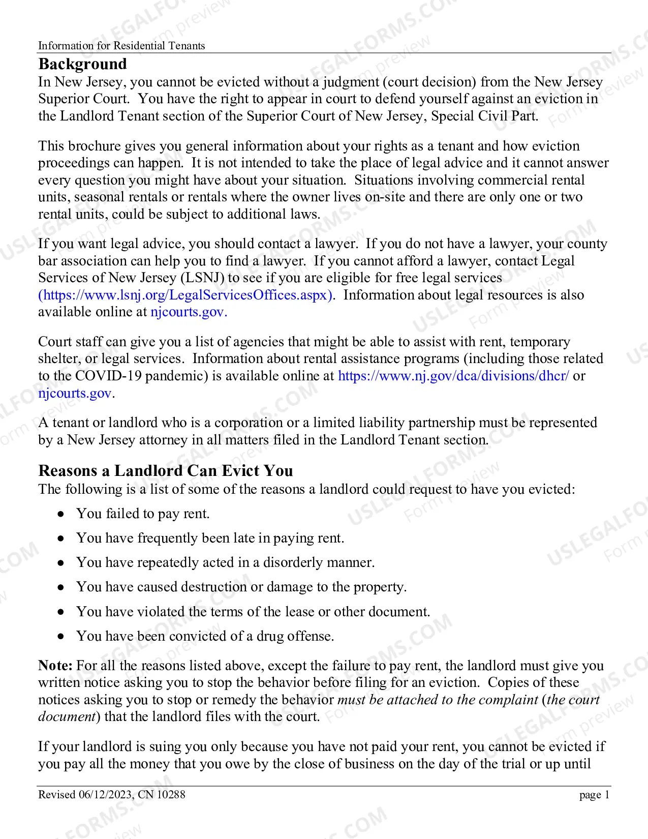 Preview Information For Tenants Superior Court Of New Jersey Law Division Special Civil Part Landlord/Tenant Section