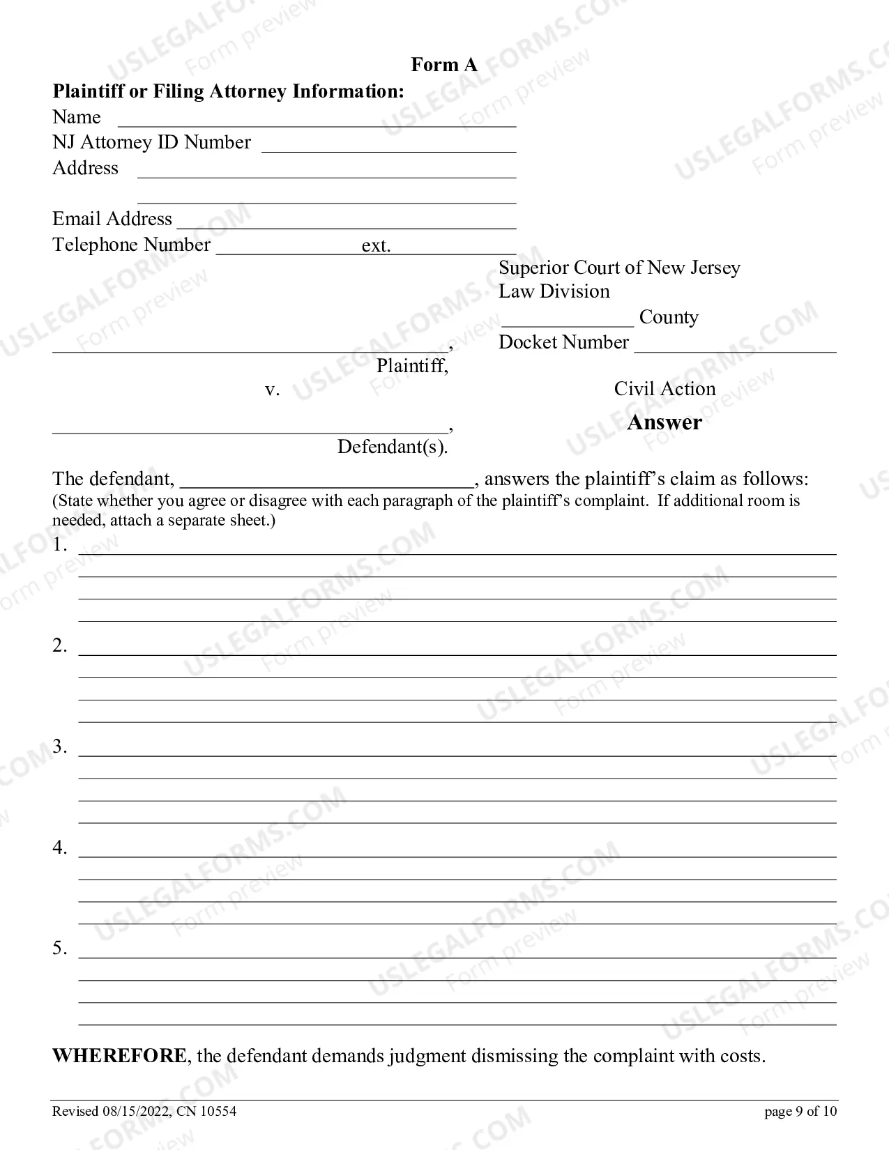 Preview How to File an Answer to a Complaint in the Superior Court of New Jersey - Law Division - Civil Part