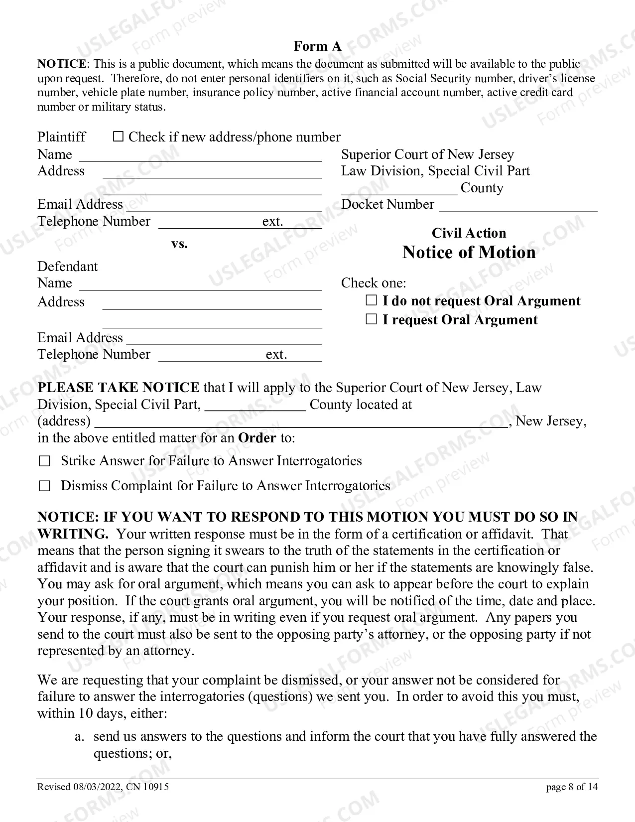 Preview How to File a Motion to Dismiss the Complaint or to Strike the Answer for Failure to Answer Interrogatories in the Special Civil Part
