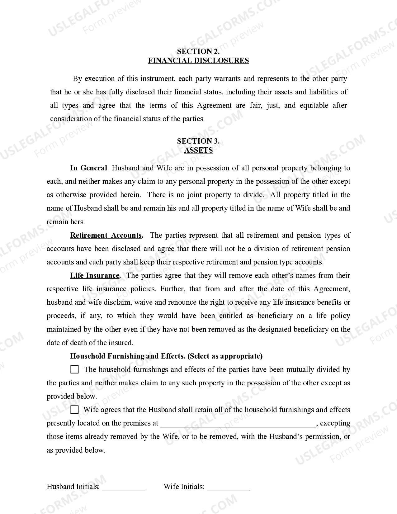 Preview Marital Domestic Separation and Property Settlement Agreement for persons with No Children, No Joint Property or Debts where Divorce Action Filed