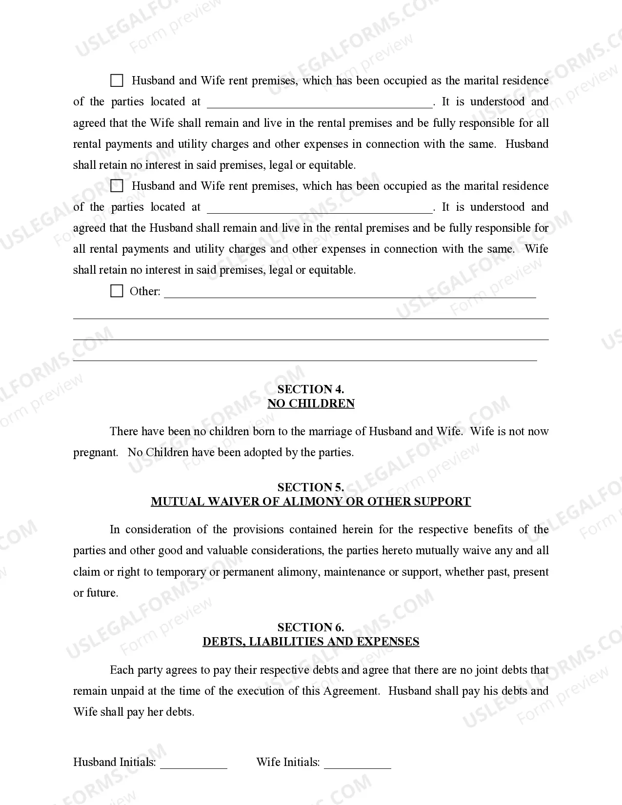 Preview Marital Domestic Separation and Property Settlement Agreement for persons with No Children, No Joint Property or Debts where Divorce Action Filed