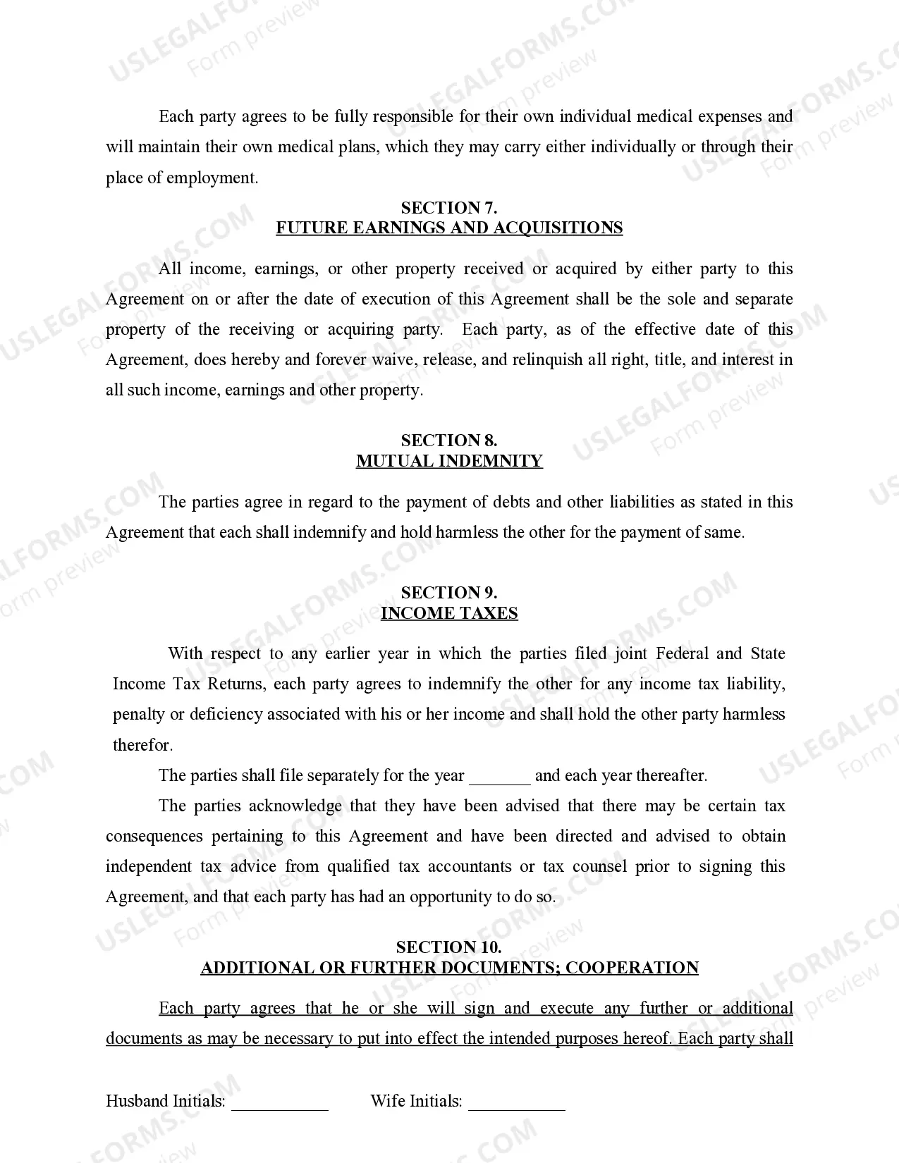 Preview Marital Domestic Separation and Property Settlement Agreement for persons with No Children, No Joint Property or Debts where Divorce Action Filed