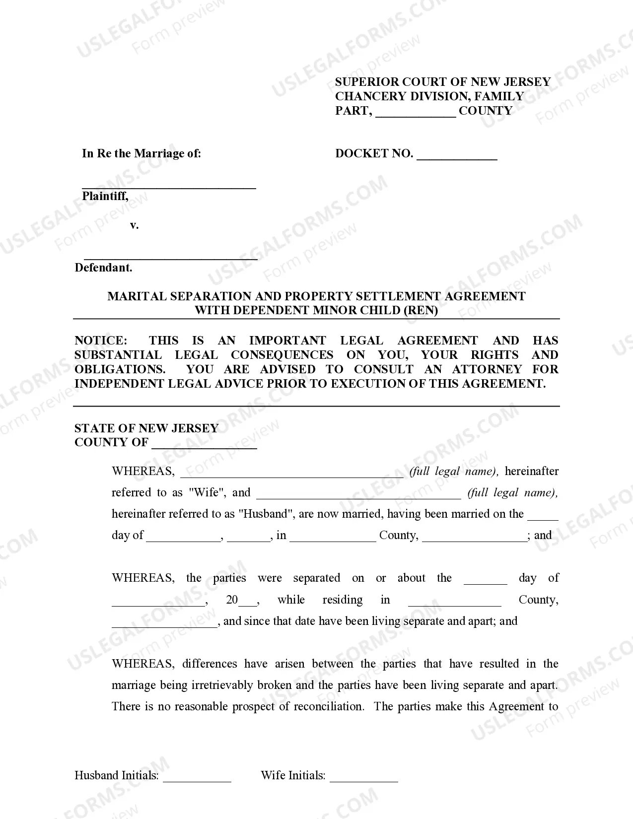 Preview Marital Domestic Separation and Property Settlement Agreement Minor Children no Joint Property or Debts where Divorce Action Filed