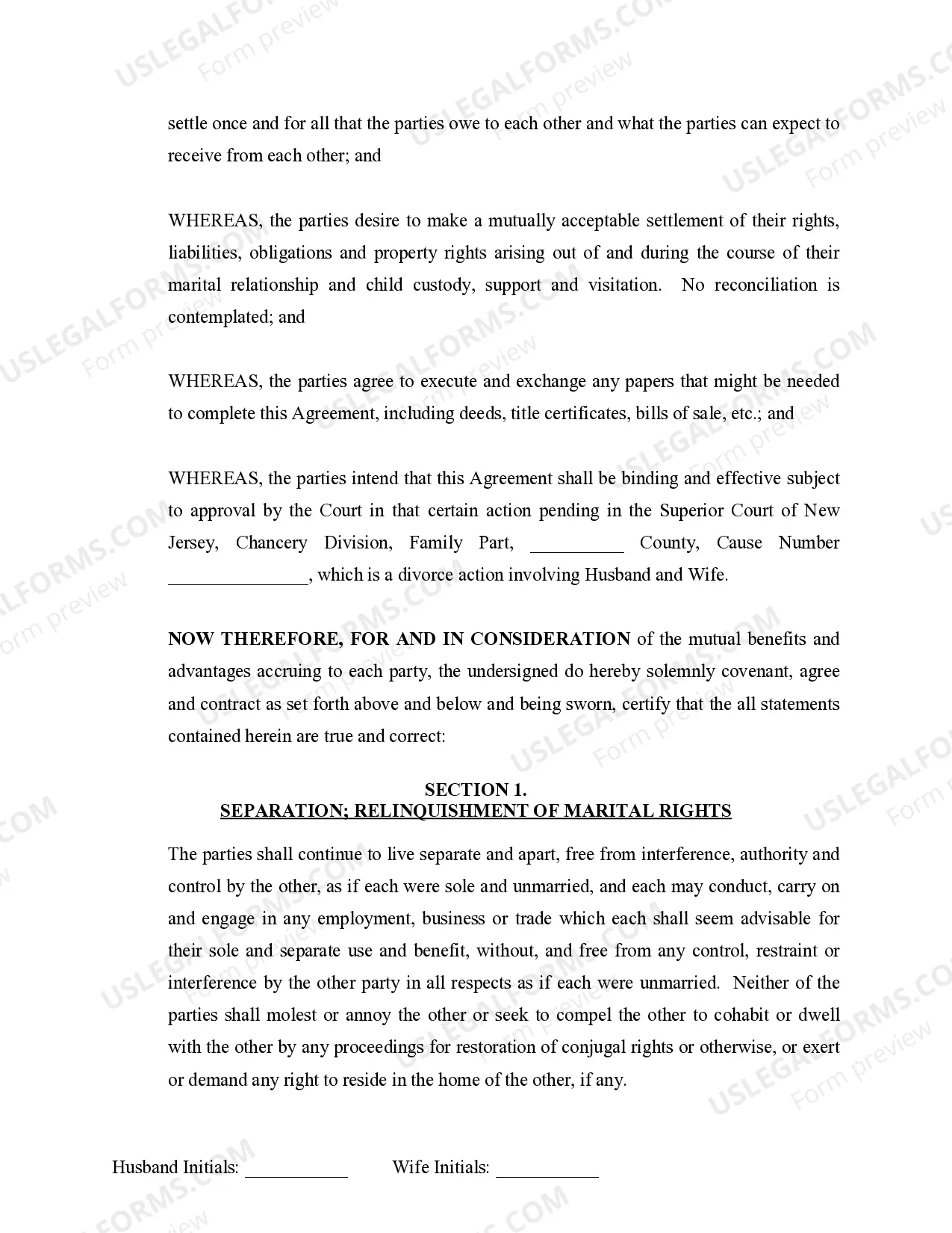 Preview Marital Domestic Separation and Property Settlement Agreement Minor Children no Joint Property or Debts where Divorce Action Filed