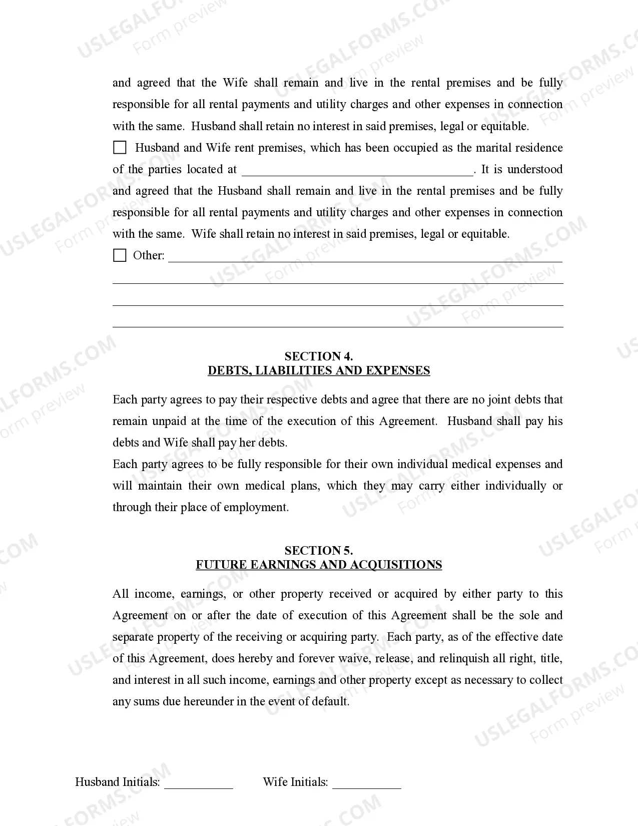 Preview Marital Domestic Separation and Property Settlement Agreement Minor Children no Joint Property or Debts where Divorce Action Filed