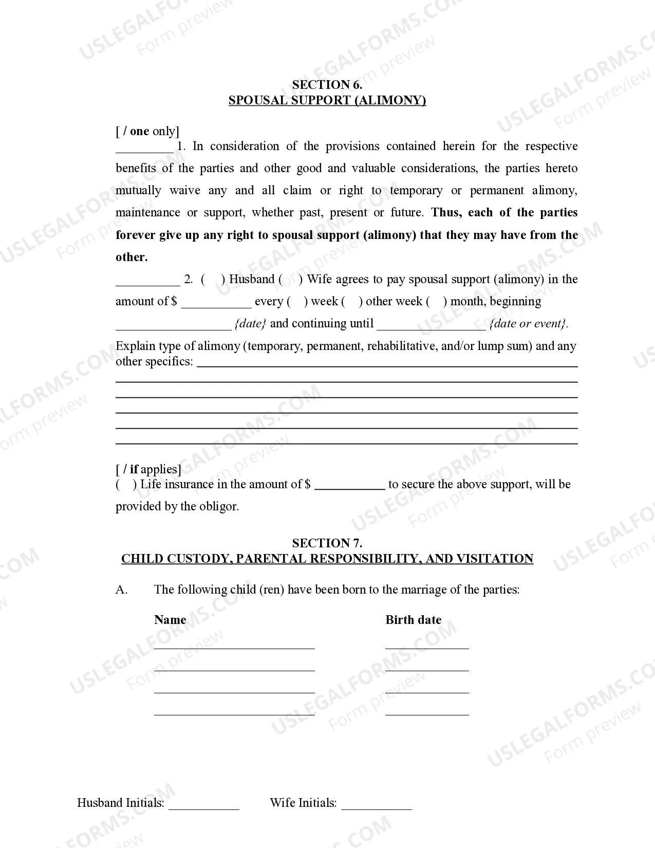 Preview Marital Domestic Separation and Property Settlement Agreement Minor Children no Joint Property or Debts where Divorce Action Filed