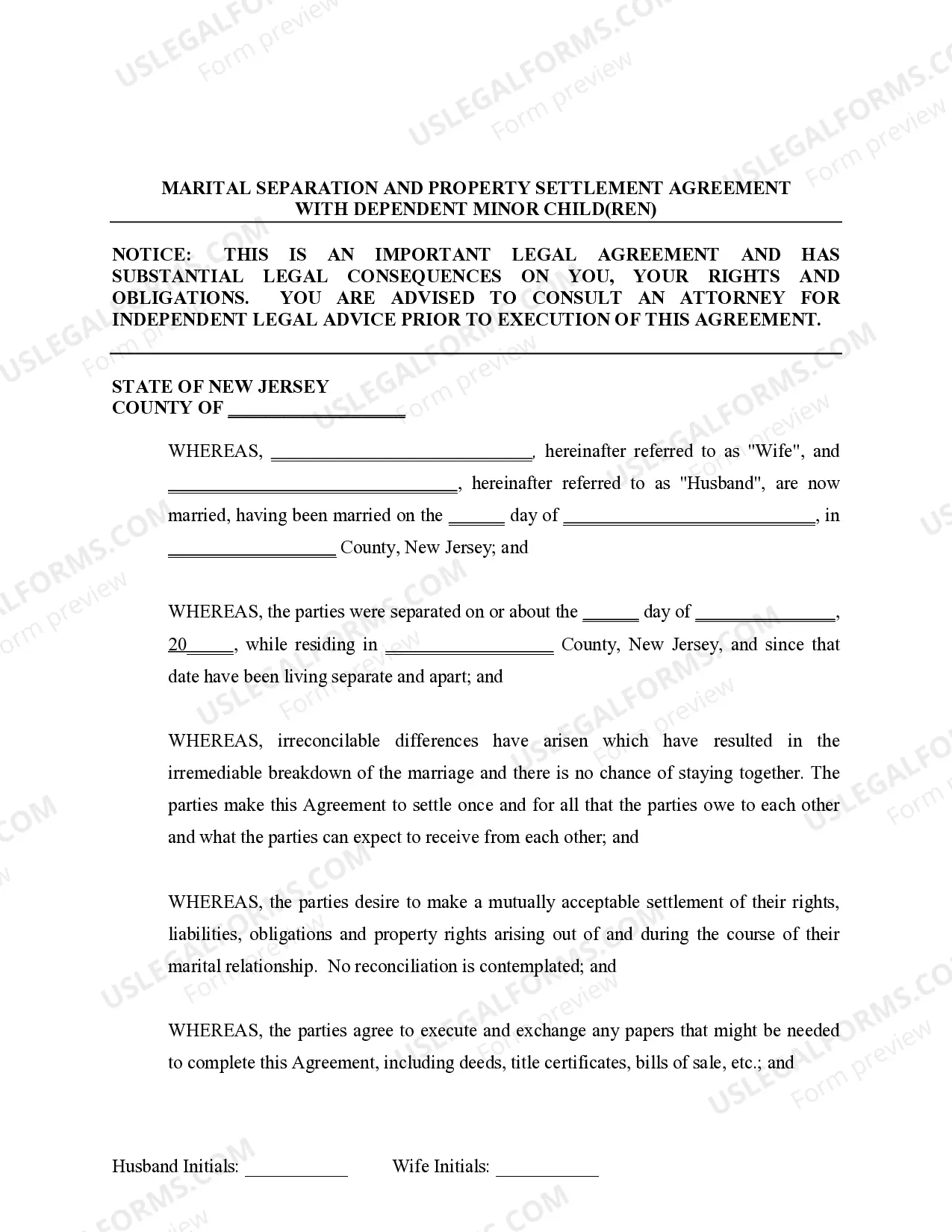 Preview Marital Domestic Separation and Property Settlement Agreement Minor Children no Joint Property or Debts effective Immediately