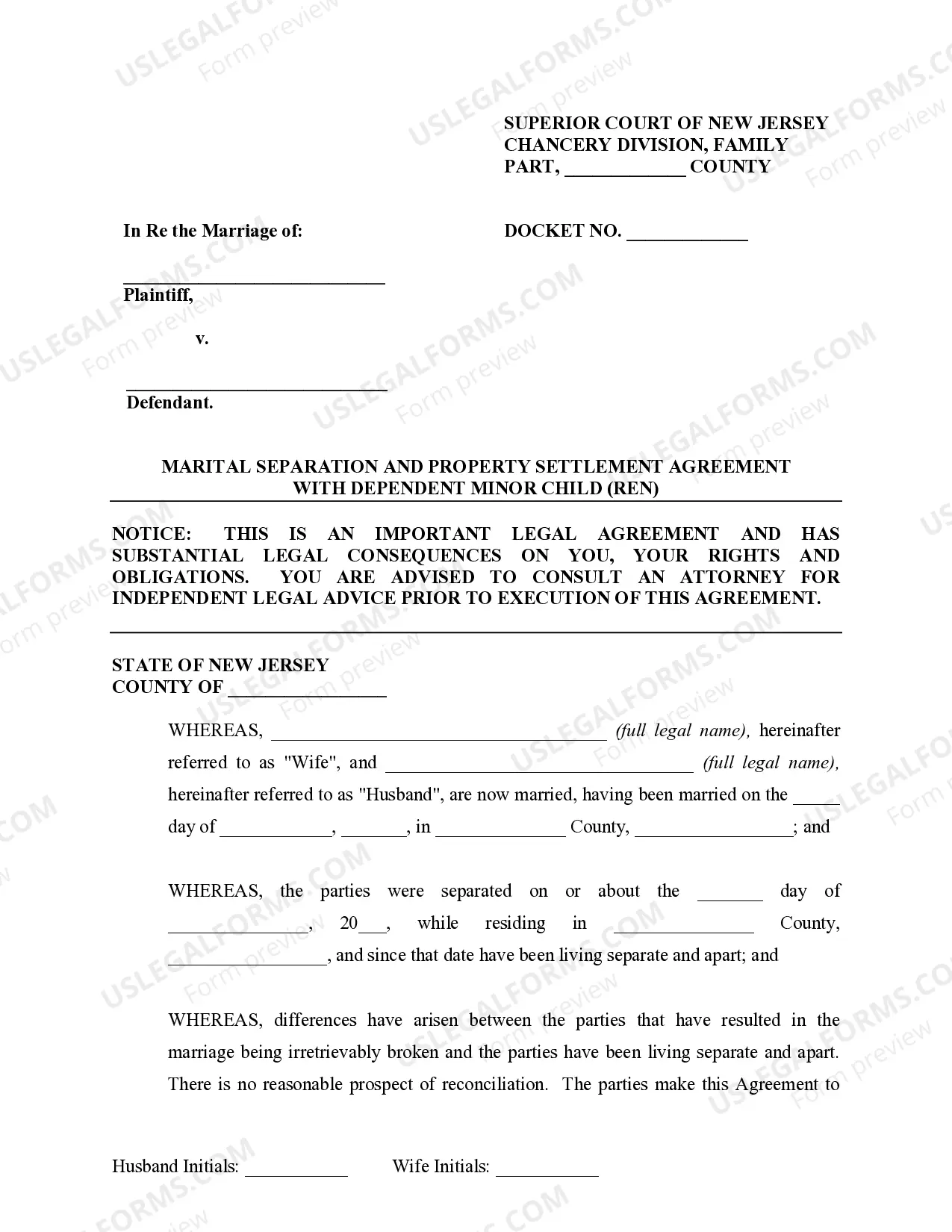 Preview Marital Domestic Separation and Property Settlement Agreement Minor Children Parties May have Joint Property or Debts where Divorce Action Filed
