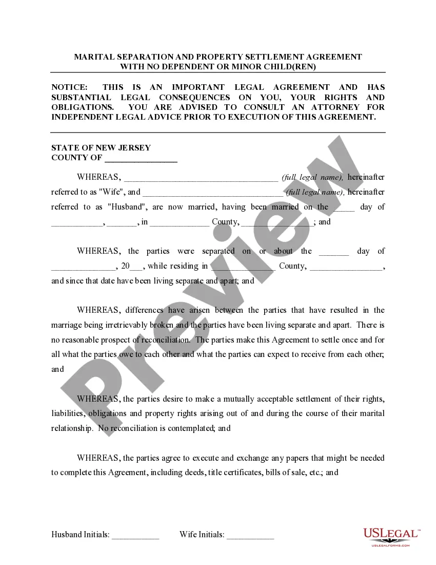 Preview Marital Domestic Separation and Property Settlement Agreement for persons with no Children, no Joint Property, or Debts Effective Immediately