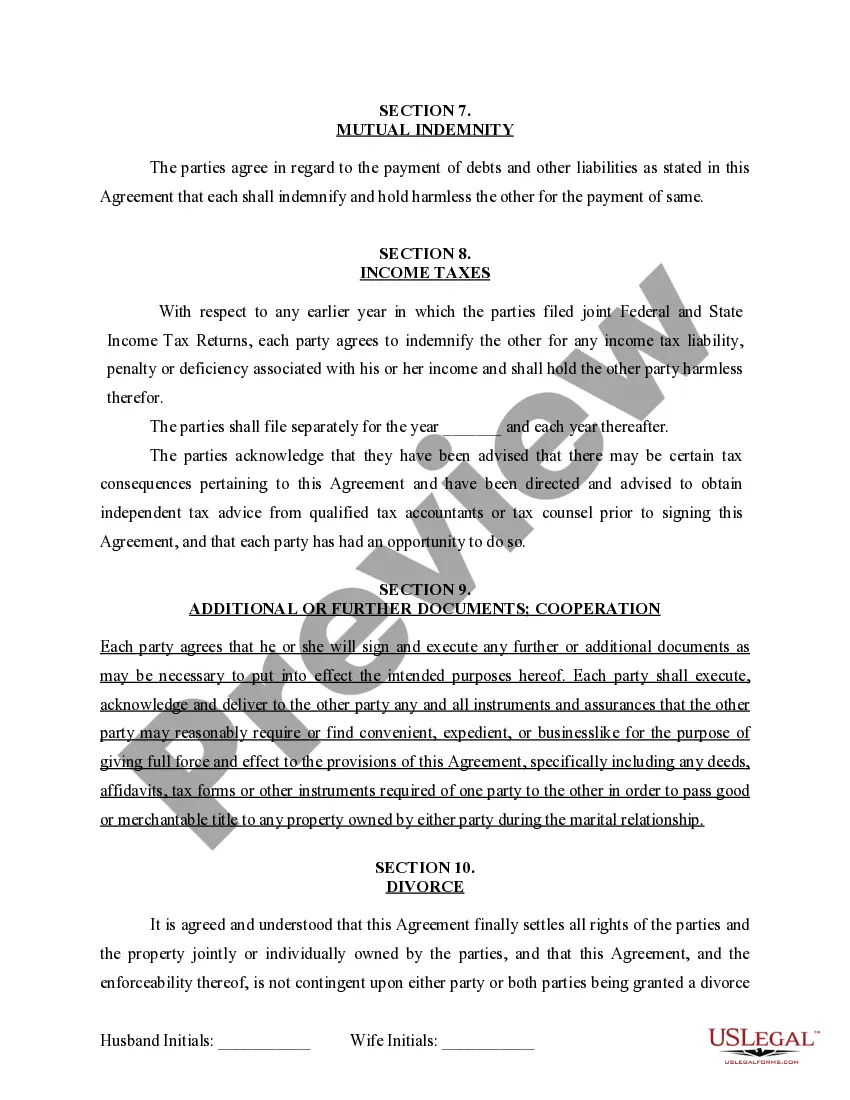 Preview Marital Domestic Separation and Property Settlement Agreement for persons with no Children, no Joint Property, or Debts Effective Immediately